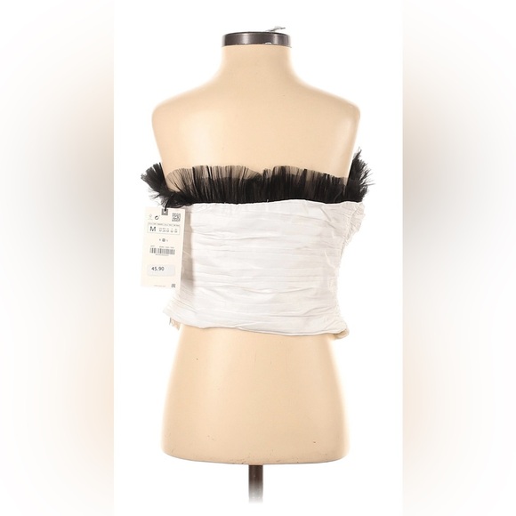 Zara white cropped bustier strapless top with black tulle detail - Picture 2 of 9